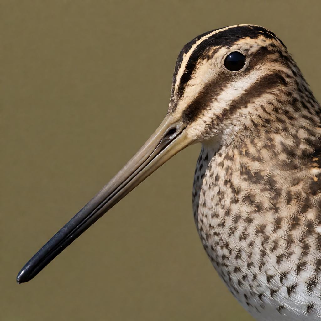 Common snipe crouched on wet ground, extremely long straight bill, heavily streaked brown camouflage