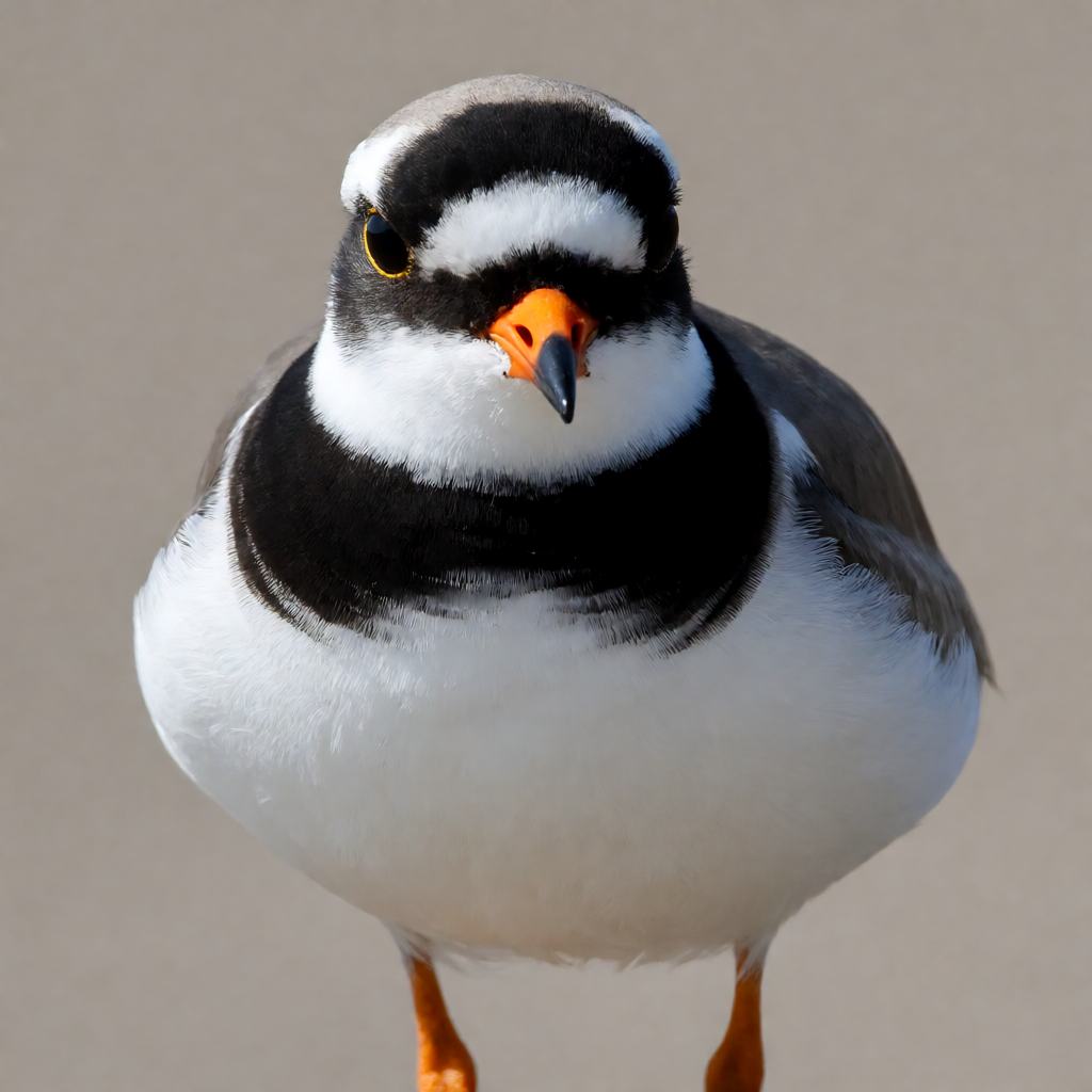 Ringed plover standing on shingle, black breast band, orange legs, orange bill with black tip