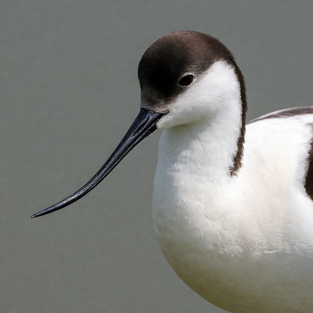 Pied avocet wading in shallow lagoon, black and white plumage, slender upturned bill sweeping the water