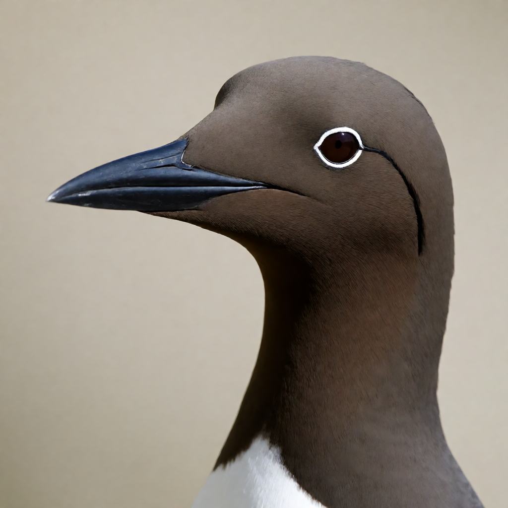 Common guillemot standing upright on a sea cliff ledge, chocolate-brown head and back, white breast, thin pointed bill