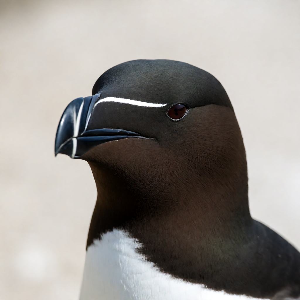 Razorbill on a rocky cliff ledge, black back, white underparts, deep blunt bill with a thin white line