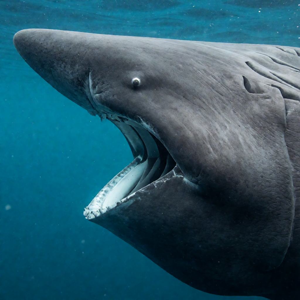 Basking shark swimming at the surface with its vast mouth open, dark grey-brown body, huge gill slits nearly circling the head