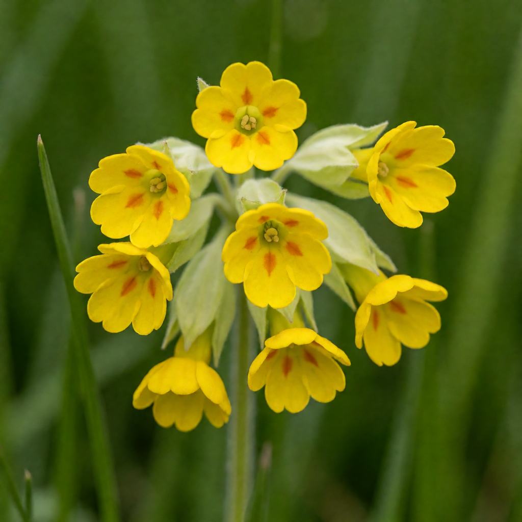 Cowslip in flower in a chalk meadow, cluster of nodding deep yellow bell flowers on one pale green stem