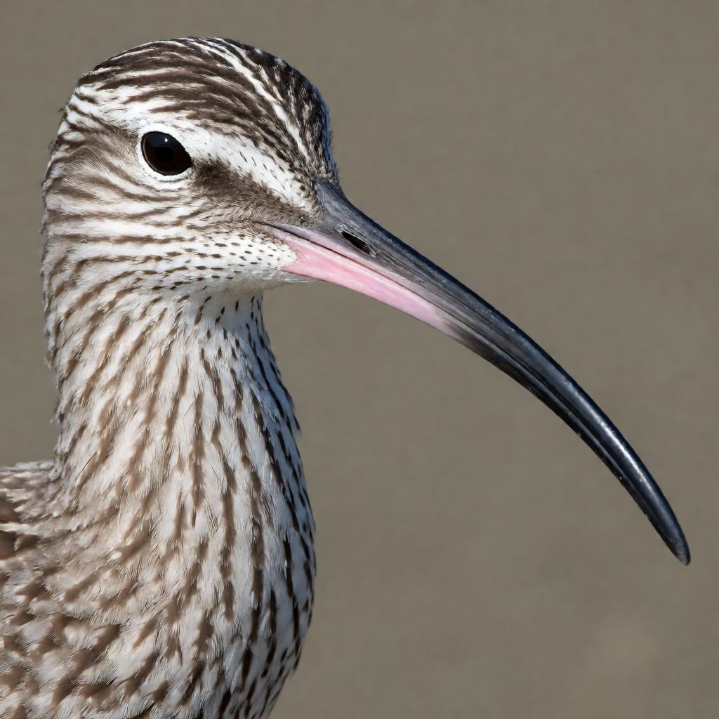 Whimbrel standing on a coastal mudflat, long down-curved bill, striped brown head with a pale crown stripe