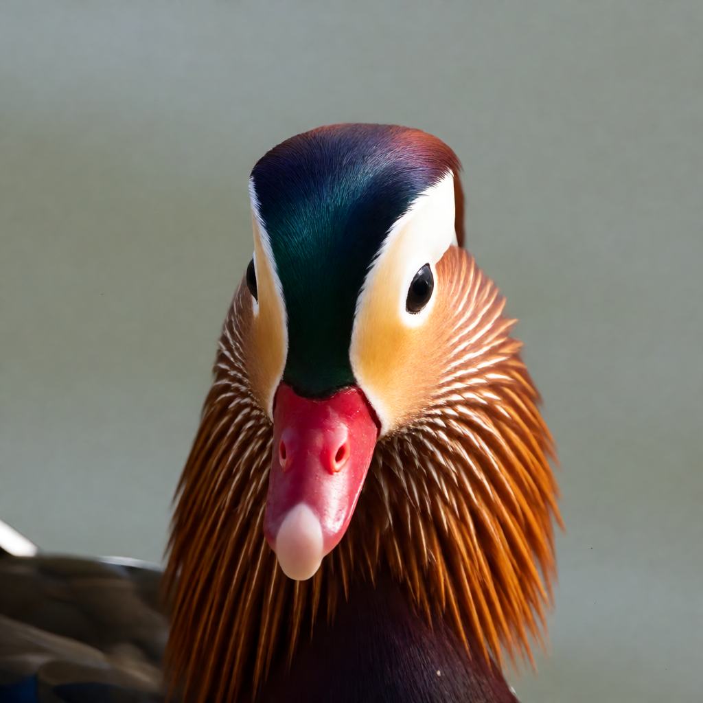 Male mandarin duck on a woodland pool, metallic green and copper crest, red bill and orange sail feathers raised on the back