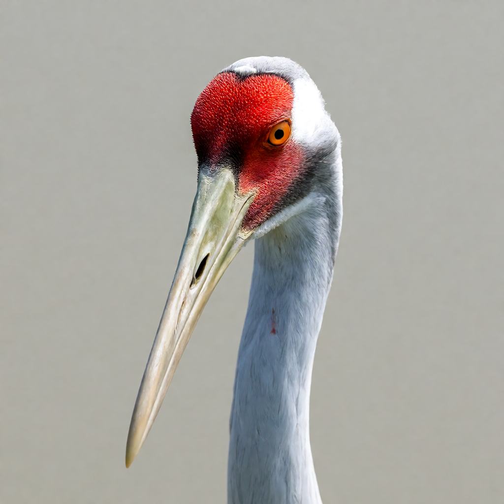 Sarus crane pair standing in a shallow Indian wetland, plain pale grey plumage and vivid red bare skin on the head and upper neck