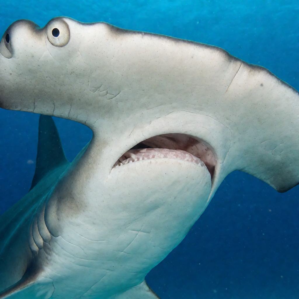 Smooth hammerhead shark swimming at the surface, broad flat cephalofoil with a smooth curved front and no central notch, large first dorsal fin