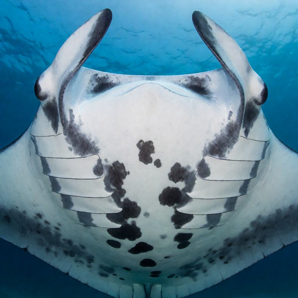Giant manta ray gliding through open blue water, 7-metre diamond-shaped disc with two forward-pointing cephalic lobes and a white underside