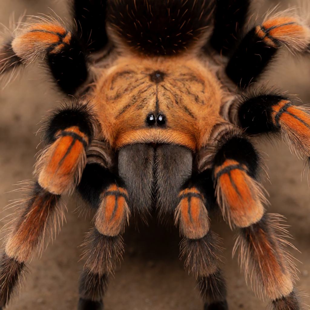 Mexican red-knee tarantula on dry ground, velvet black body and legs broken by bright orange-red rings at the joints