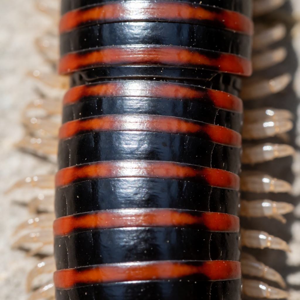 Giant African millipede on the forest floor, long round black segmented body with hundreds of short legs and red-brown banding