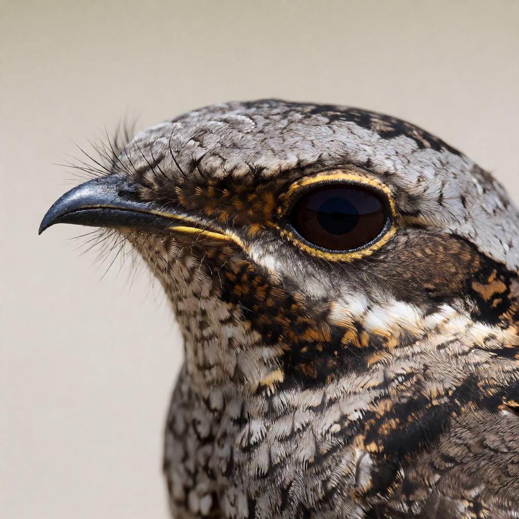 European nightjar crouched along a lichen-covered branch, finely mottled grey-brown plumage, huge dark eye and a row of white spots on the wing