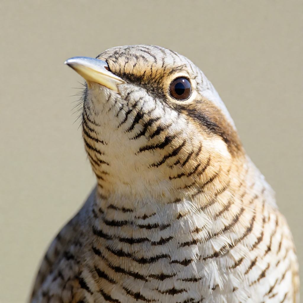 Eurasian wryneck perched on a lichened branch, finely mottled grey and brown plumage with a dark stripe down the middle of the nape