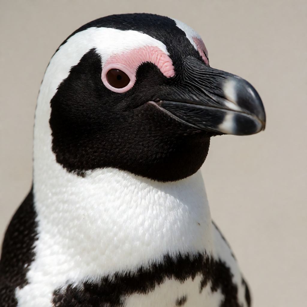 African penguin standing on a rocky shore, black and white plumage with a bold horseshoe band of black across the breast and a pink patch above the eye