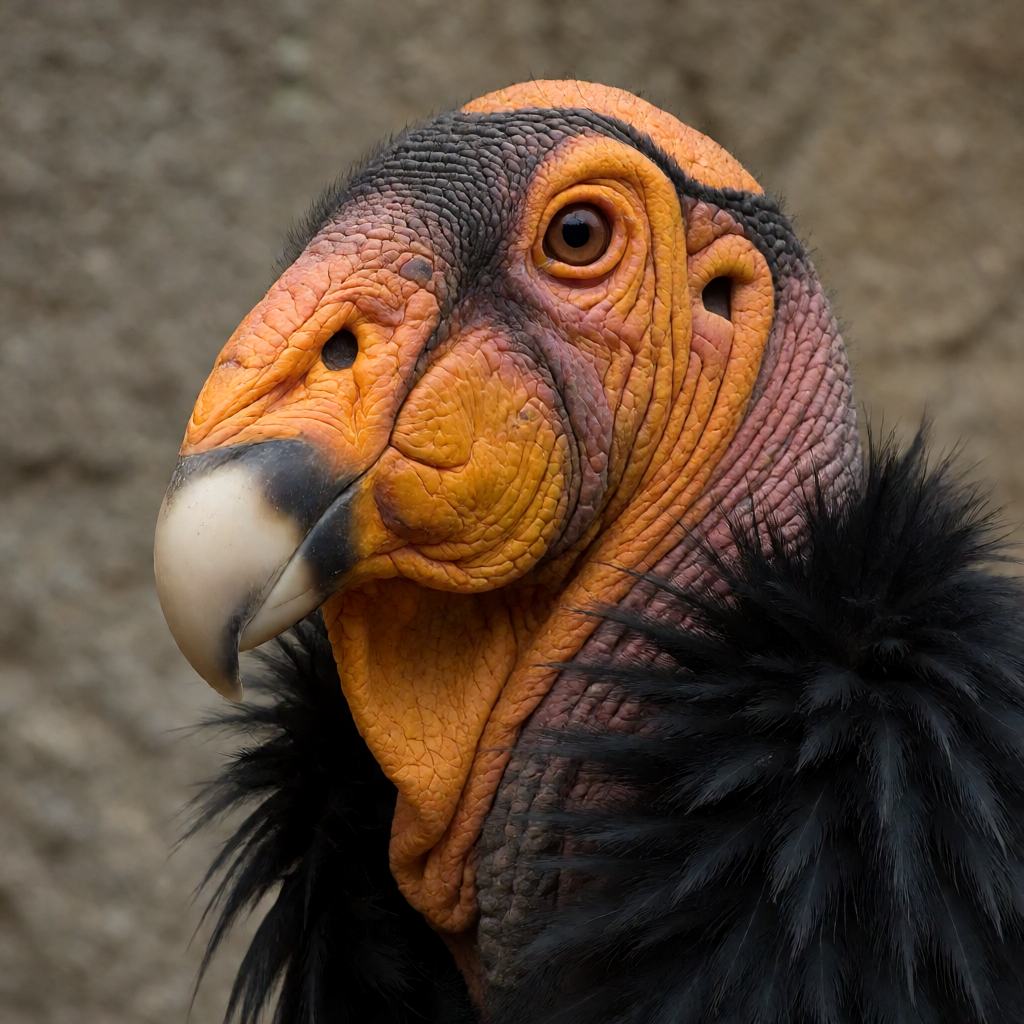 California condor soaring against a pale sky, black body and wings with a broad white triangle on the underwing and a bare orange-red head