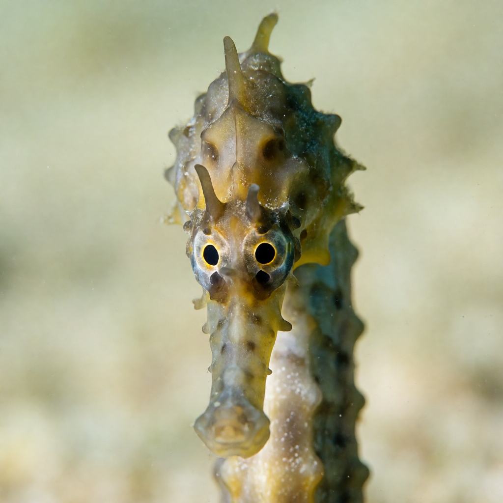 Short-snouted seahorse gripping a stem of eelgrass, mottled brown and yellow bony body, short blunt snout and a tail coiled around the plant