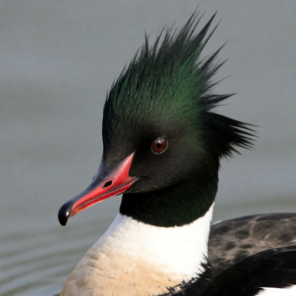 Male red-breasted merganser on coastal water, dark glossy green head with a shaggy double crest, white collar and mottled reddish-brown breast