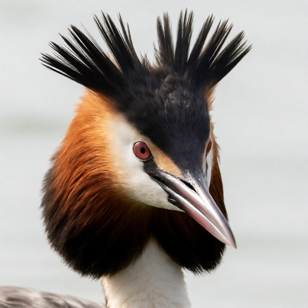 Great crested grebe on open water in summer plumage, black double crest, chestnut and black tippet at the cheek and a brilliant white neck