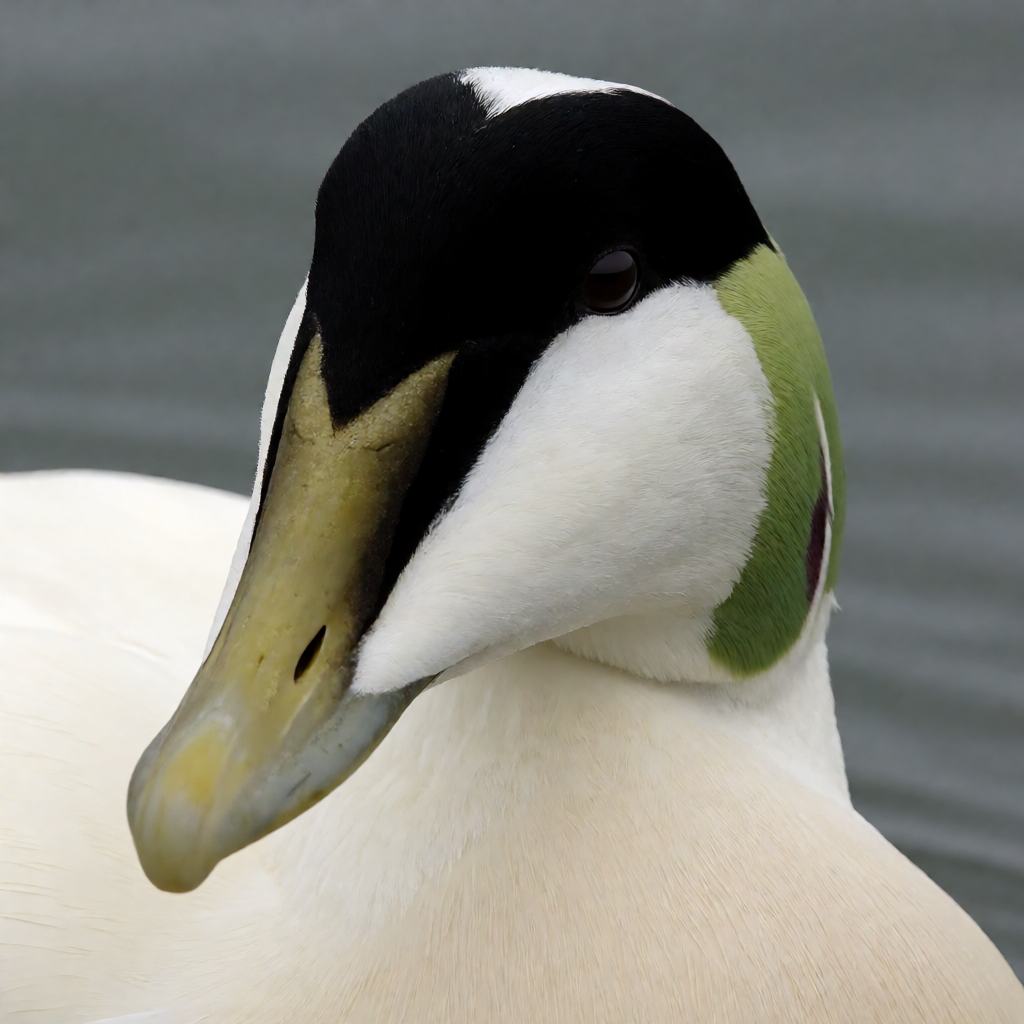 Close-up of a male common eider's head showing the lime-green patch on the nape, the black crown and the long wedge-shaped olive-yellow bill