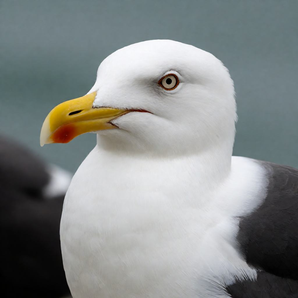 Lesser black-backed gull standing on a harbour wall, dark charcoal-grey back and wings, pure white head and underparts and bright yellow legs