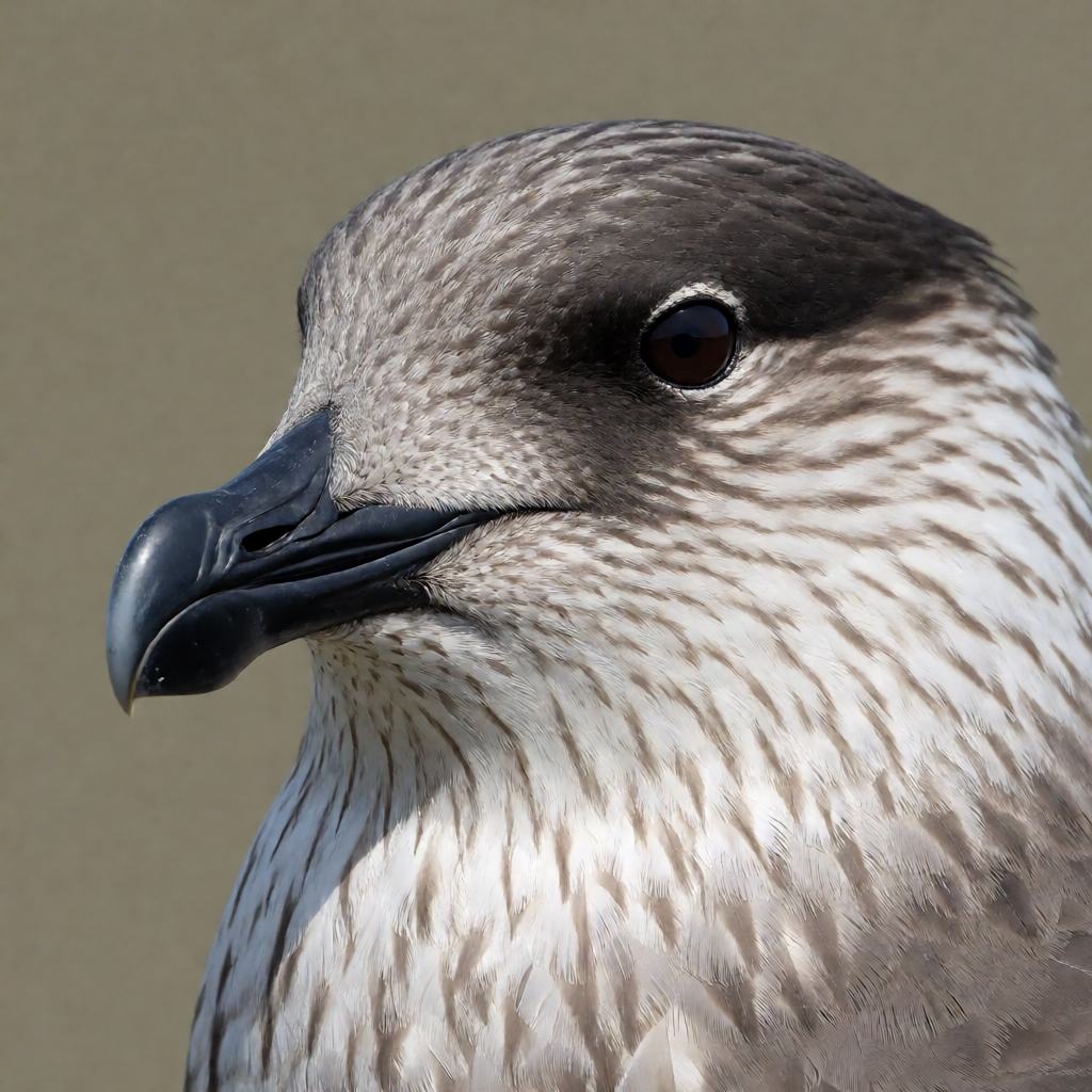 Arctic skua in flight over the tundra in the pale form, white breast and belly, dark cap, pale collar and long pointed central tail streamers