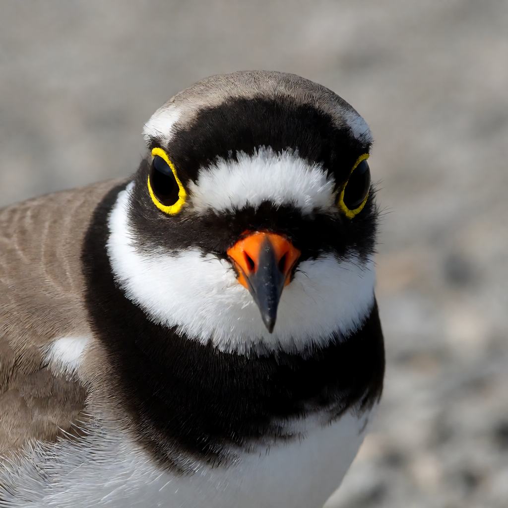 Little ringed plover standing on bare gravel, sandy brown upperparts, bold black and white head pattern, a single black breast band and a bright yellow ring around the eye