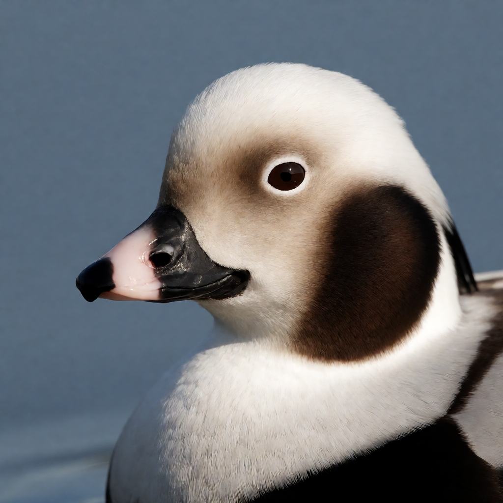 Male long-tailed duck on cold coastal water in winter plumage, mostly white body with a dark head patch, pink-banded grey bill and very long pointed tail streamers