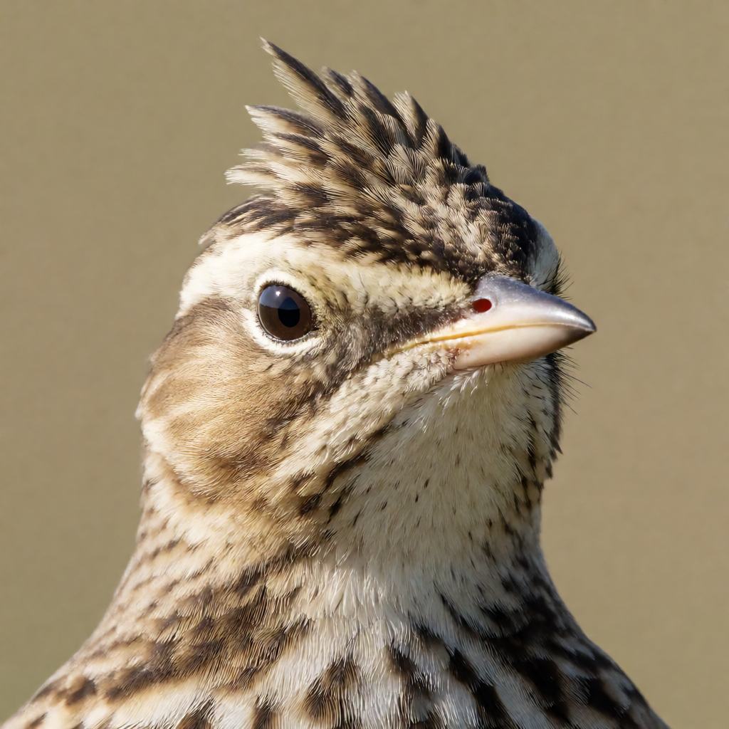 Eurasian skylark standing on short grass, streaked buff and brown upperparts, pale stripe over the eye, short raised crest and long straight hind claw