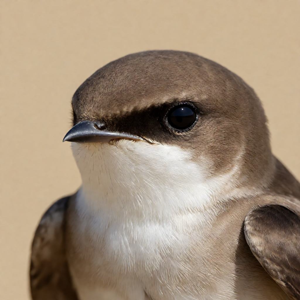 Sand martin perched at the mouth of its nesting tunnel in a sandy bank, plain earth-brown upperparts, white underparts and a narrow brown band across the breast