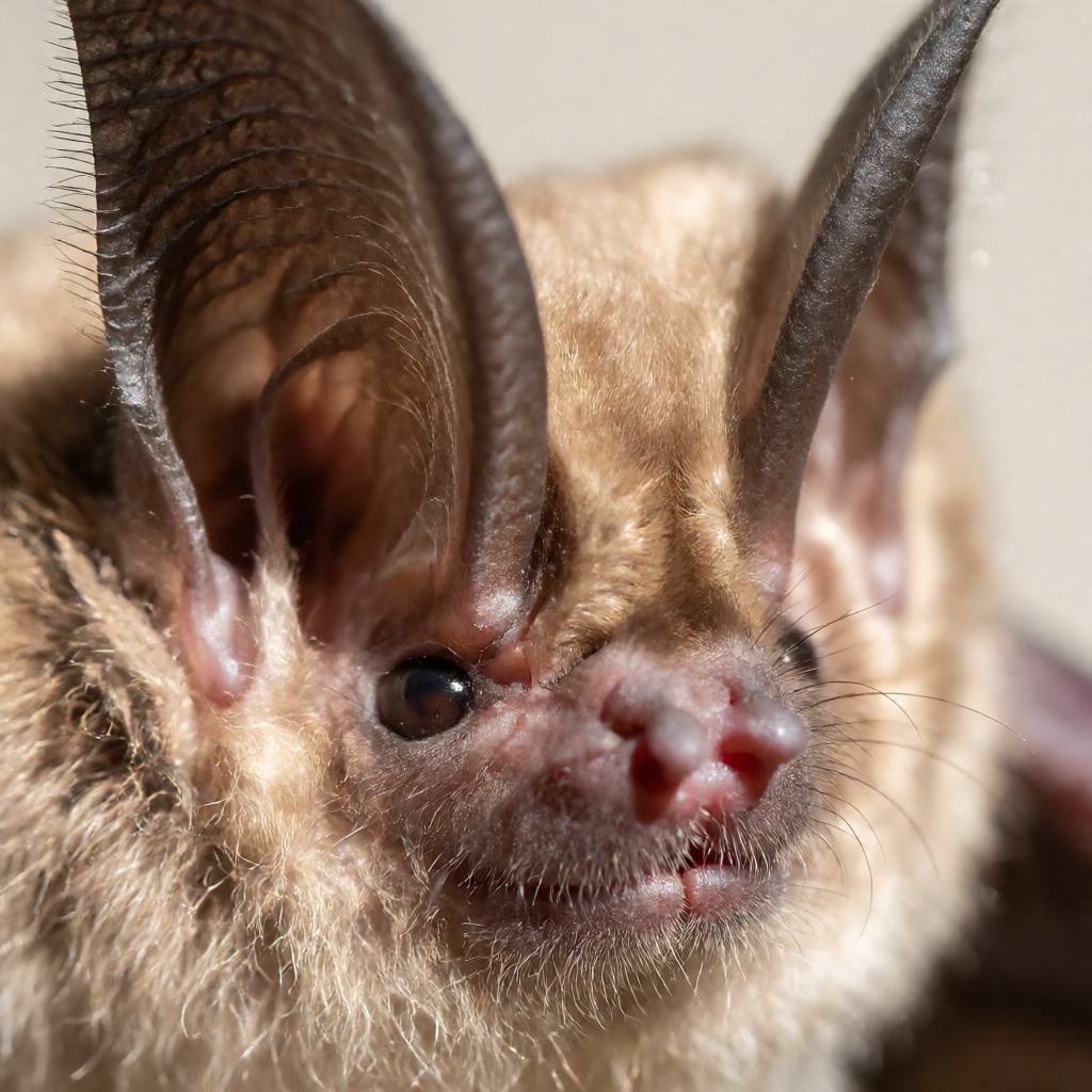 Natterer's bat hanging in a roost, showing the pale pink face, the long narrow ears curving back at the tip and the fringe of stiff curved bristles along the free edge of the tail membrane