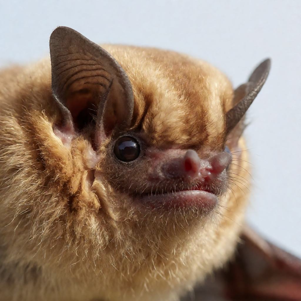 Common noctule in flight against a clear evening sky, showing the long narrow wings, the short rounded ears with a mushroom-shaped tragus and the broad blunt boxer-like snout