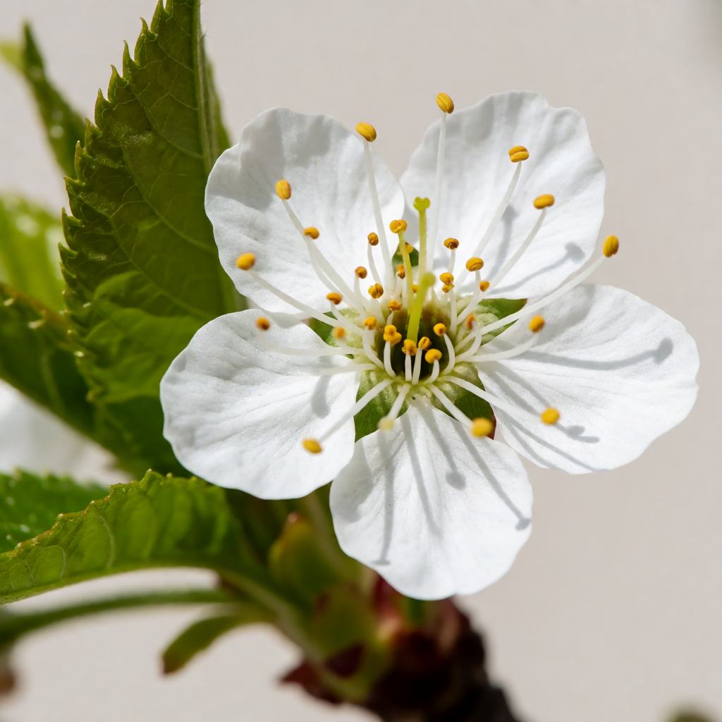 Wild cherry in full spring blossom, clusters of pure white five-petalled flowers on bare branches with the fine-toothed green leaves just opening