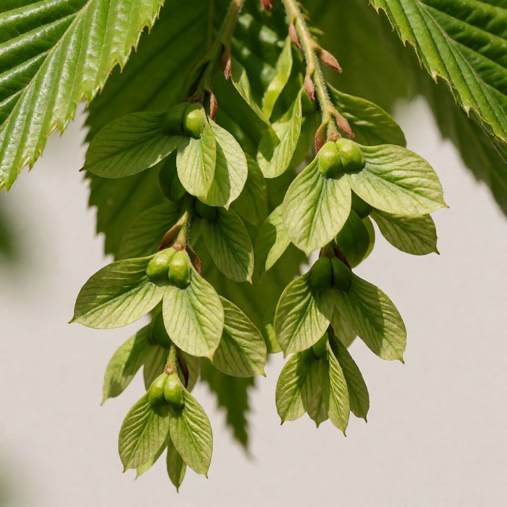 European hornbeam trunk showing the smooth greenish-grey fluted bark with vertical rope-like ridges, and a twig with buds held flat against the shoot
