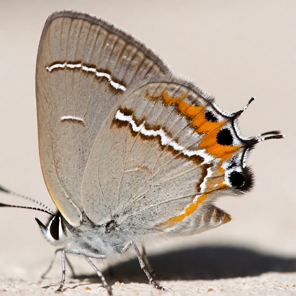 Purple hairstreak perched on an oak leaf, wings closed to show the pale grey underside, the broken white W-shaped line and the small orange spots near the short hair-like tails