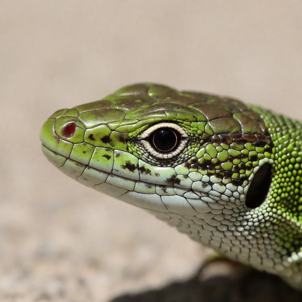 Italian wall lizard basking on a sunlit stone wall, bright green back with dark mottling, long slender toes gripping the vertical surface and a tail longer than the body