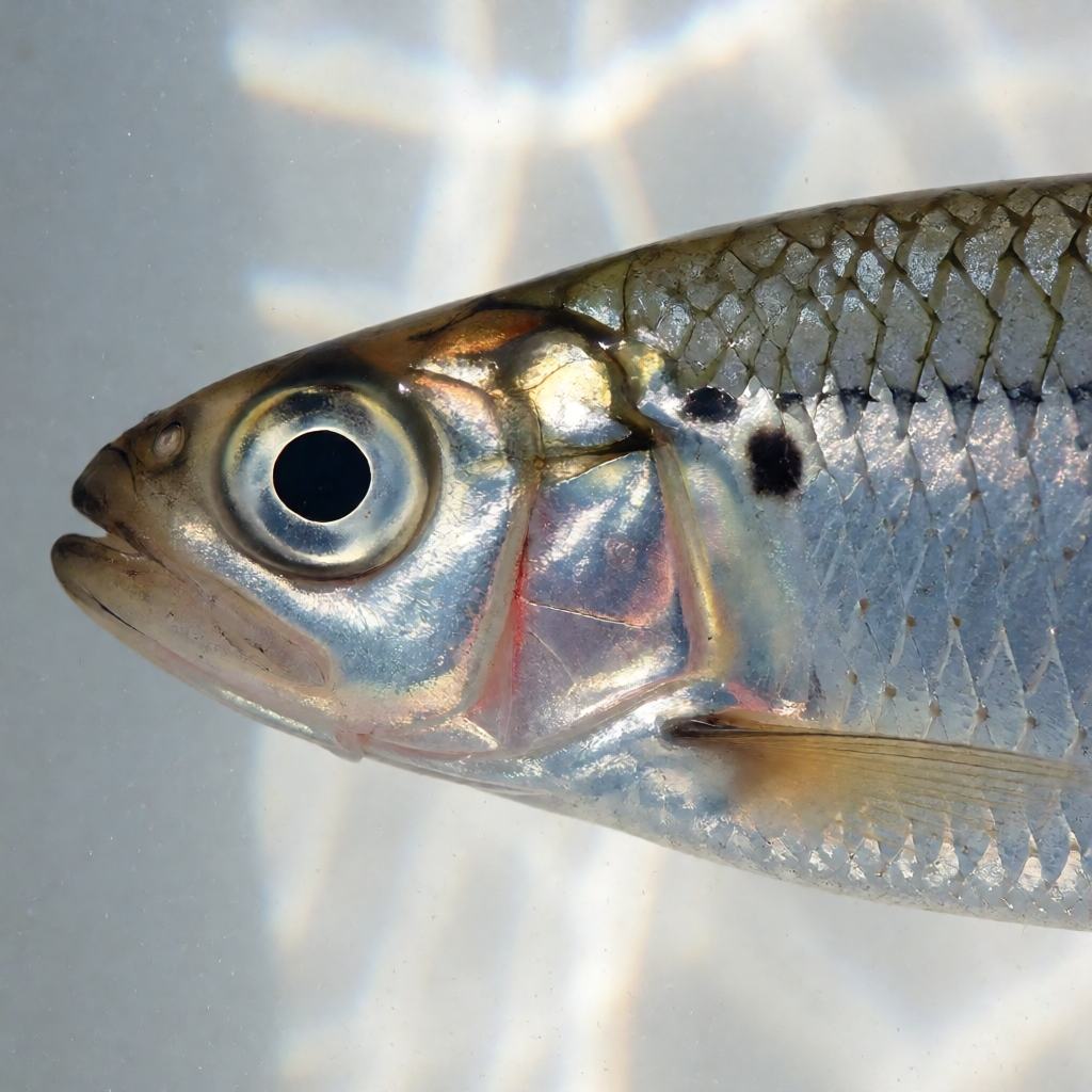 A shoal of European sprat in clear coastal water, slender silver fish with bluish-green backs and a sharp saw-toothed ridge of scales along the belly