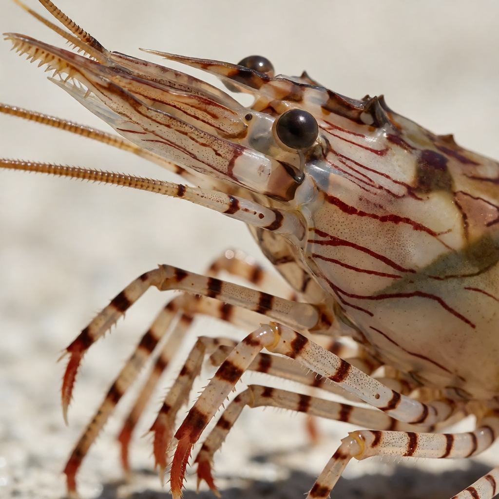 Common prawn in a shallow rock pool, almost colourless and glassy with dark red-brown bands on the legs and a long saw-toothed rostrum between the eyes