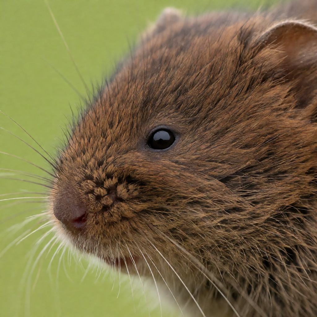 Close-up of a European water vole's head showing the blunt rounded snout, small ears almost hidden in fur, long whiskers and glossy brown fur