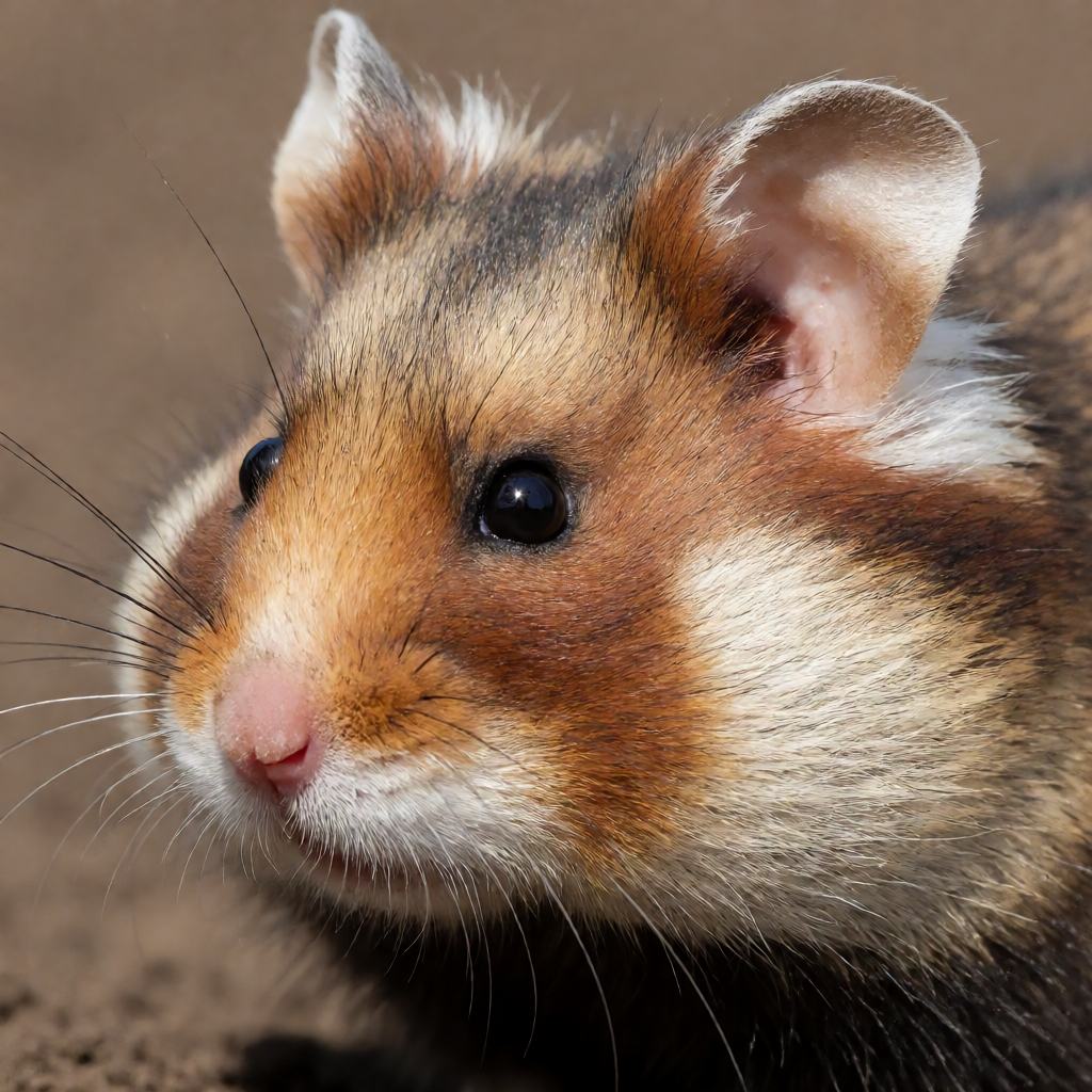 Close-up of a European hamster's head showing the huge cheek pouches filled with seeds, the dark eye and the white patches behind the ears
