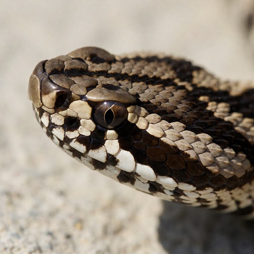 Close-up of an asp viper's head showing the dark zigzag pattern, the vertical slit pupil and the keeled scales