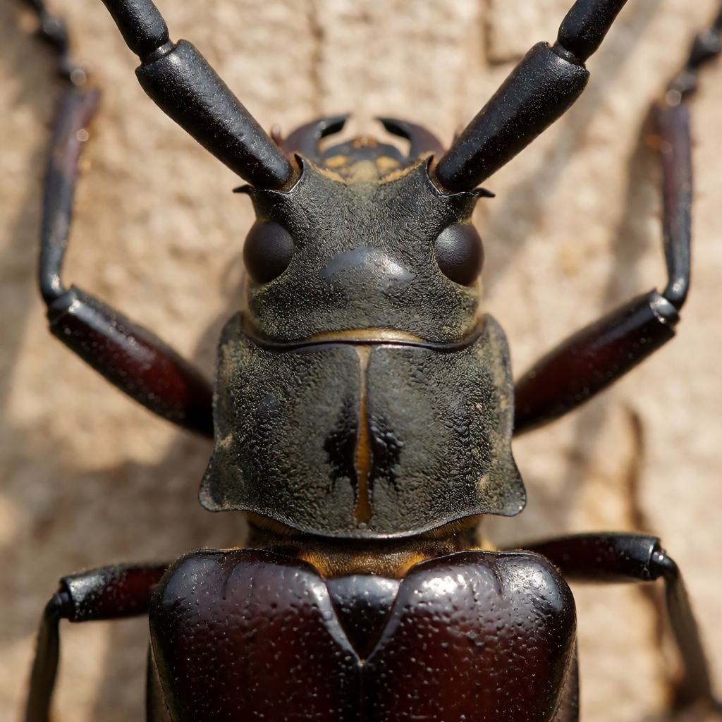 Close-up of a great capricorn beetle's head showing the very long curved antennae, the large jaws and the glossy dark brown wing cases