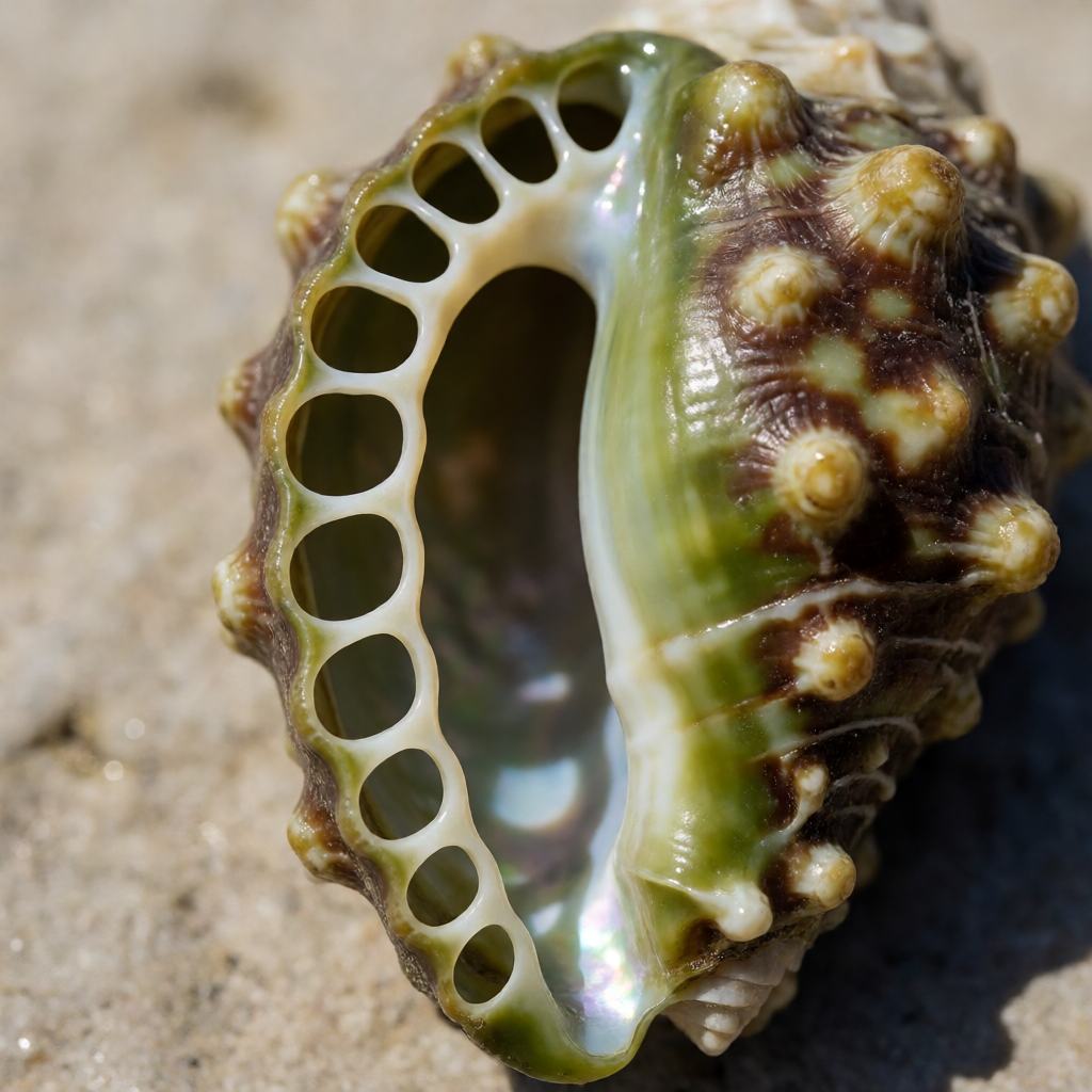 Close-up of a green ormer's shell showing the row of open holes along the edge and the iridescent pale nacre inside the opening