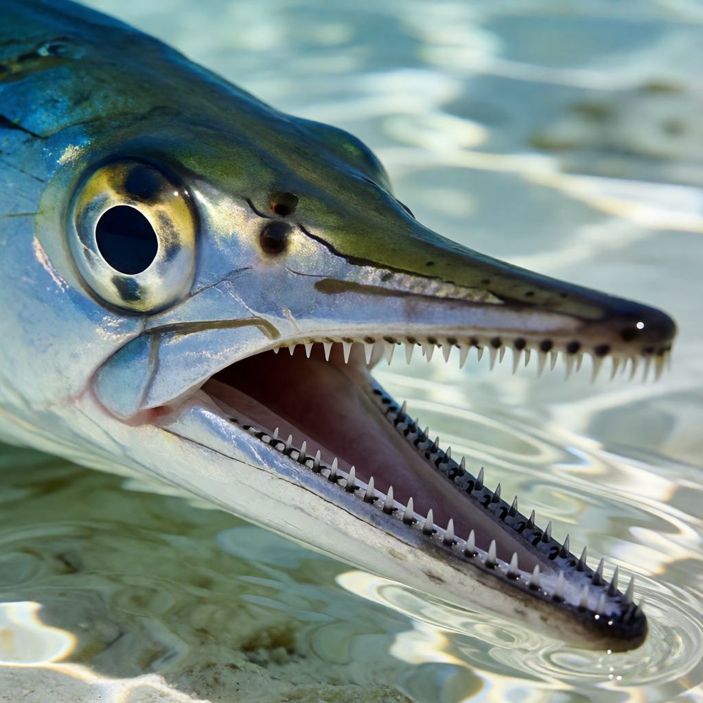 Close-up of a garfish's head showing the long needle-like jaw, rows of tiny sharp teeth and the large eye