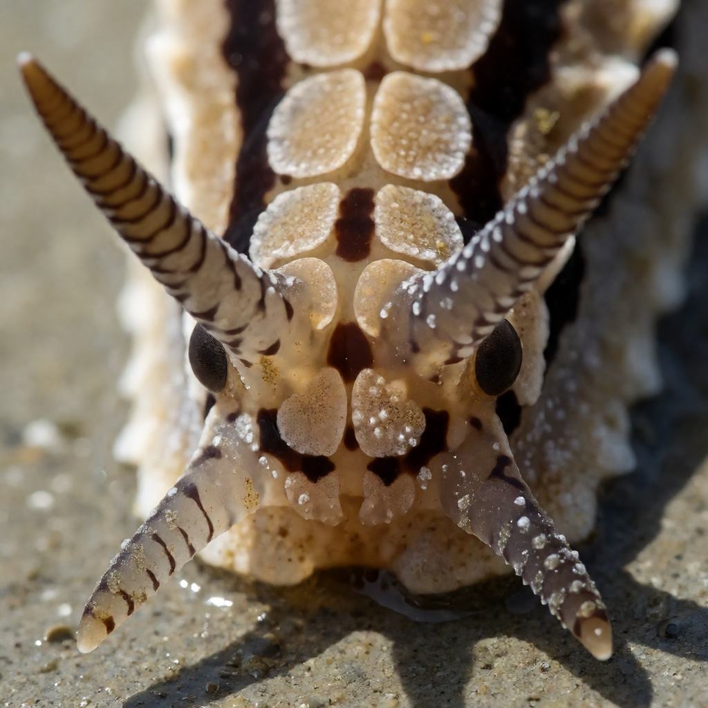 Close-up of a sea slater's head showing the very long antennae, the large dark compound eyes and the segmented armour plates
