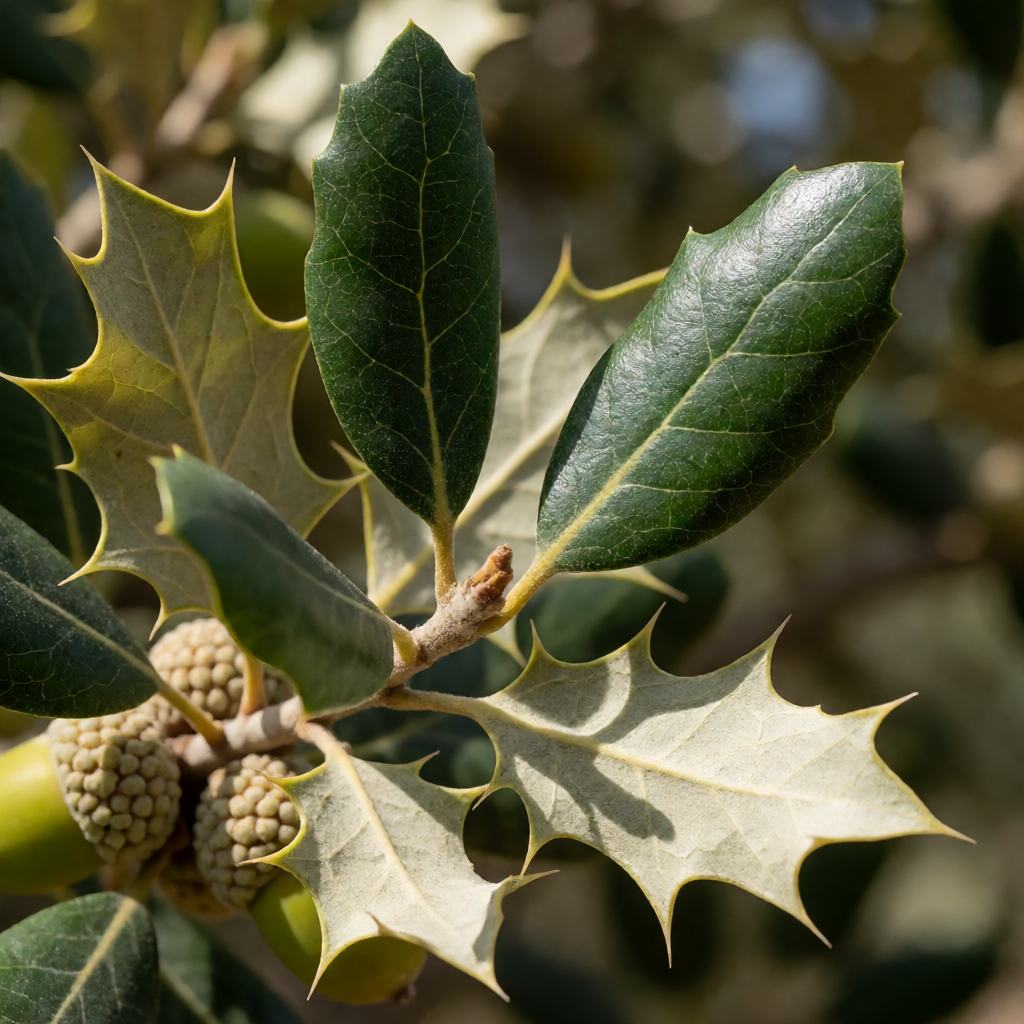 Close-up of holm oak leaves showing the stiff dark green upper leaves and the spiny holly-like lower leaves with acorns