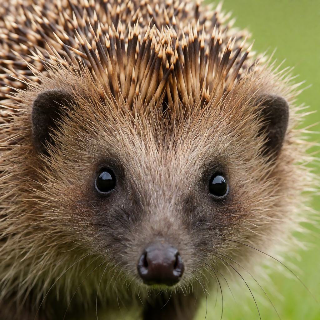 Close-up of a European hedgehog's face showing the pointed snout, small dark eyes, round ears and the spines around the head