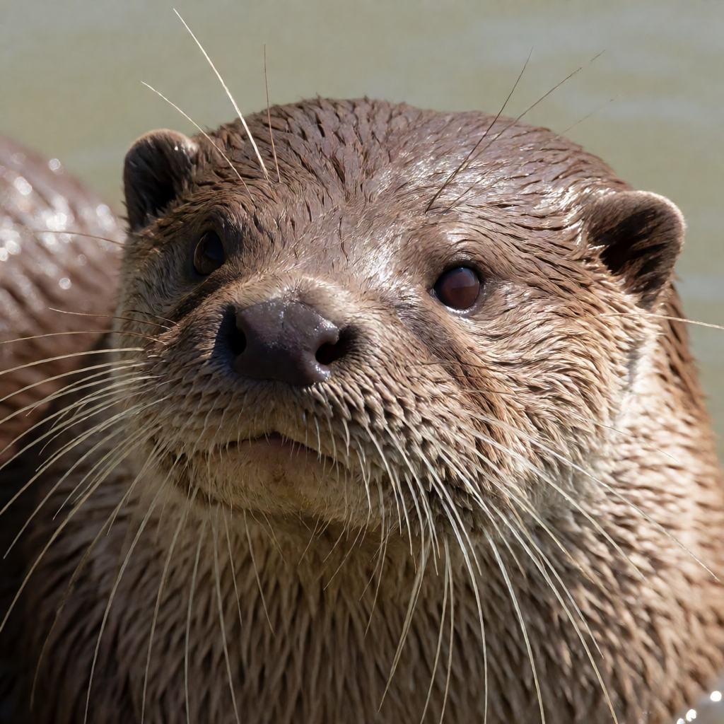 Close-up of a Eurasian otter's head showing the broad blunt muzzle, long whiskers, small round ears and thick brown fur