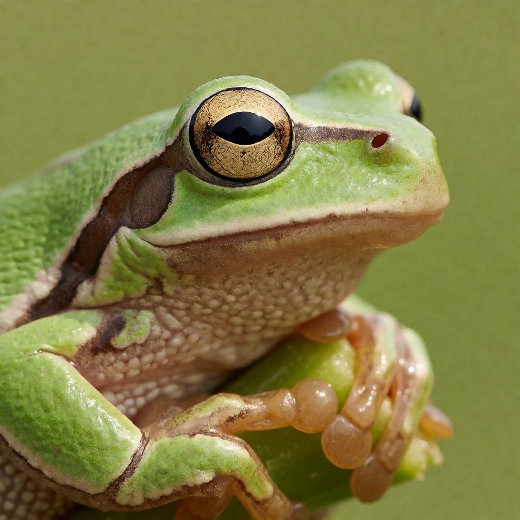 Close-up of a European tree frog's head showing the bright green skin, large eye with a dark pupil and the sticky disc on the toe tip