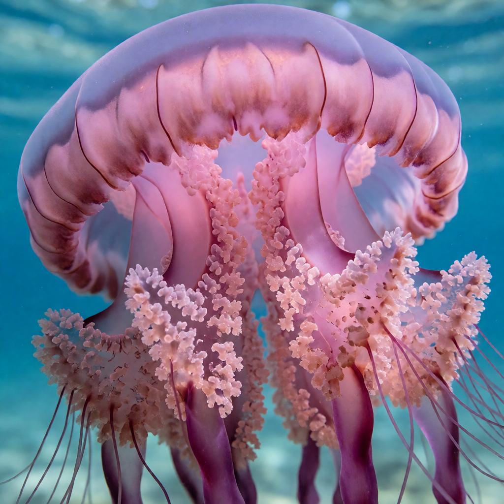 Close-up of a mauve stinger's bell showing the purple warty surface, the long thin tentacles and the thick frilled oral arms