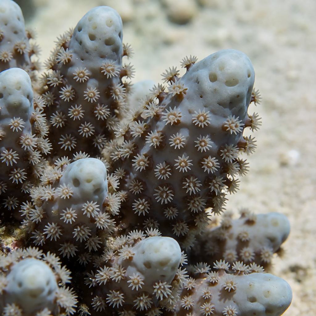 Close-up of a dead mans fingers colony showing the pale fleshy finger-like lobes and the feathery polyps pushed out to feed