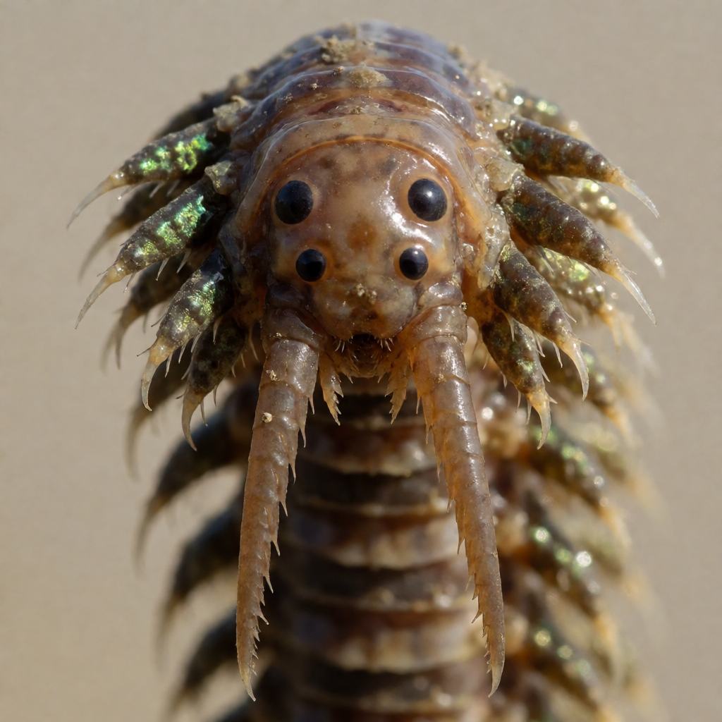 Close-up of a ragworm's head showing the 4 dark eyes in a trapezoid, the stout palps and the toothed jaws of the turned-out proboscis